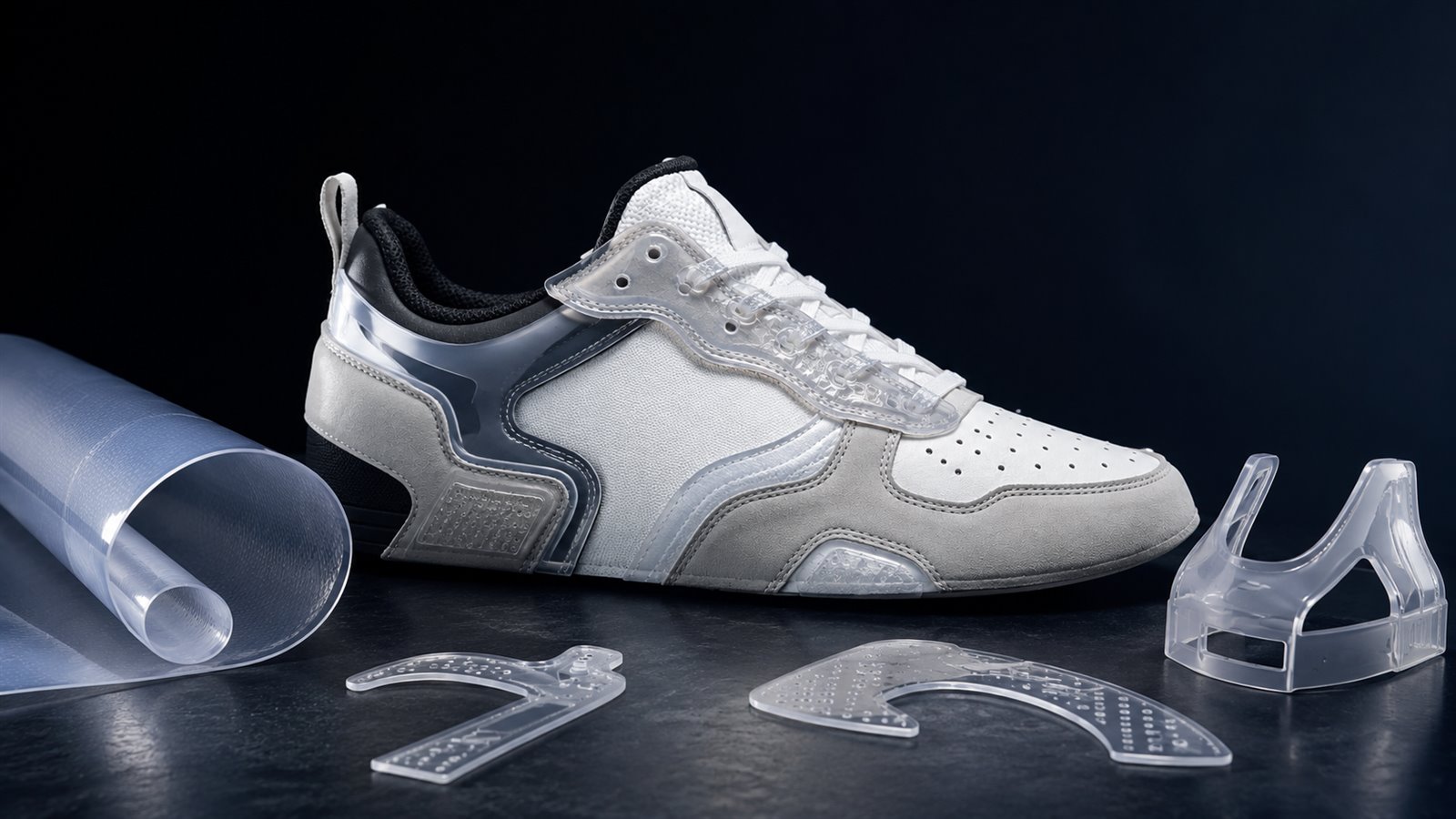 Translucent TPU film roll, precision-cut TPU overlays and a moulded TPU component arranged beside a footwear upper with TPU reinforcements, under studio lighting